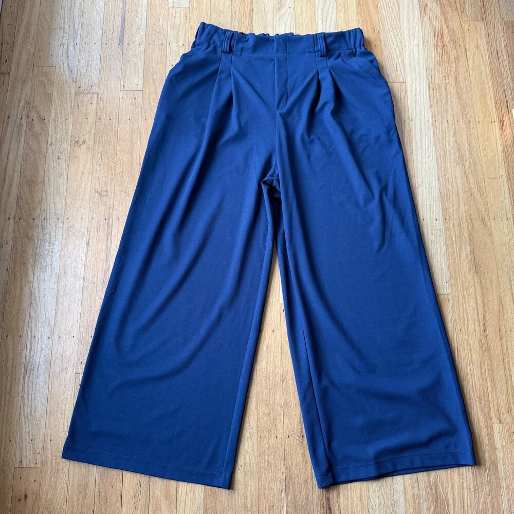 Halara Blue Pull On High Rise Pleated Wide Leg Stretch Knit Trouser Pants Sz LP - Picture 4 of 15